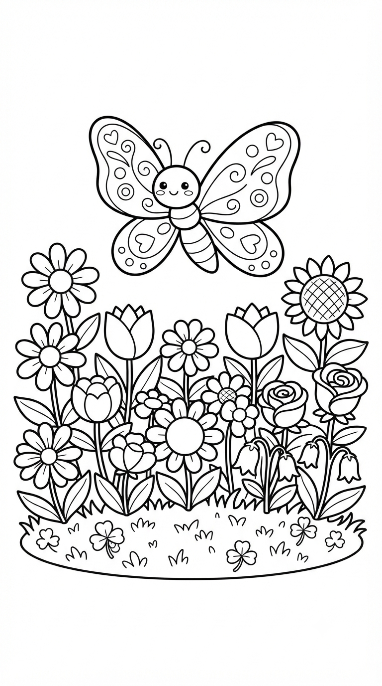 desenhos de borboletas e flores para colorir: Borboleta no Jardim