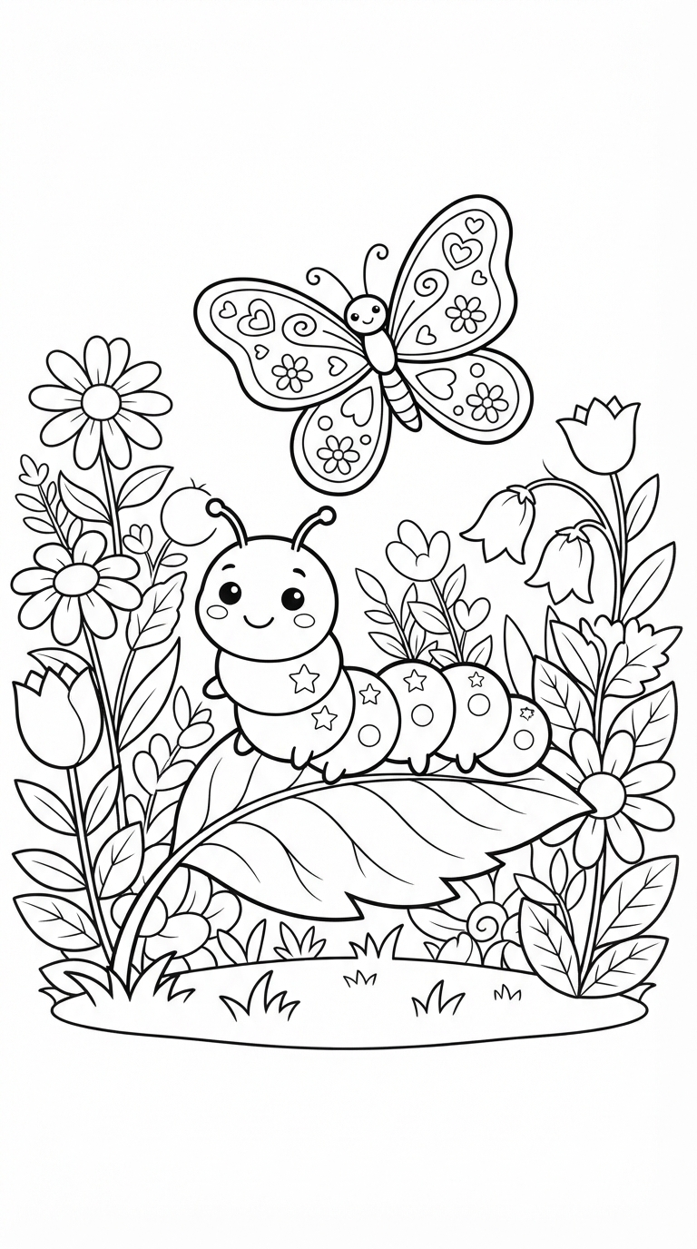 desenhos de borboletas e flores para colorir: Lagarta e Borboleta