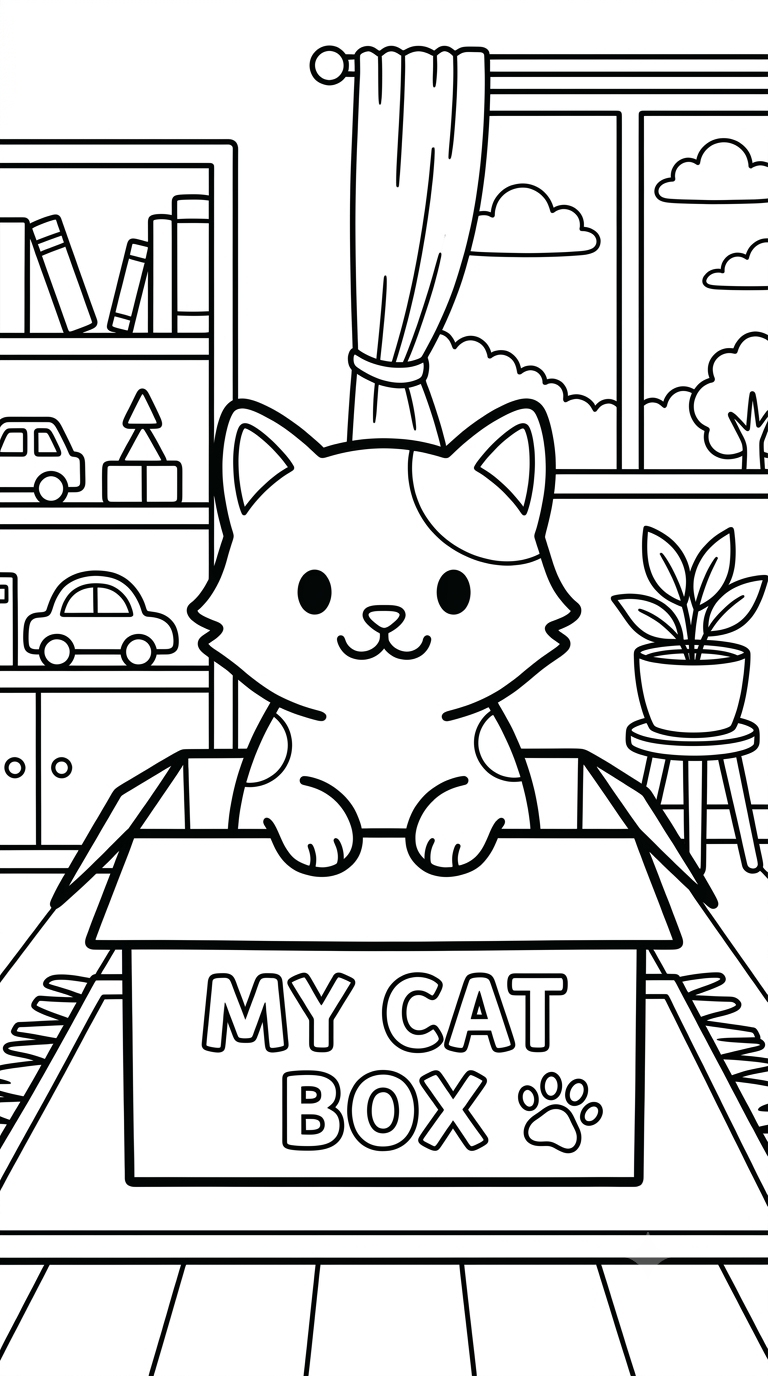 desenhos de cachorros e gatos para colorir: Gatinho na Caixa