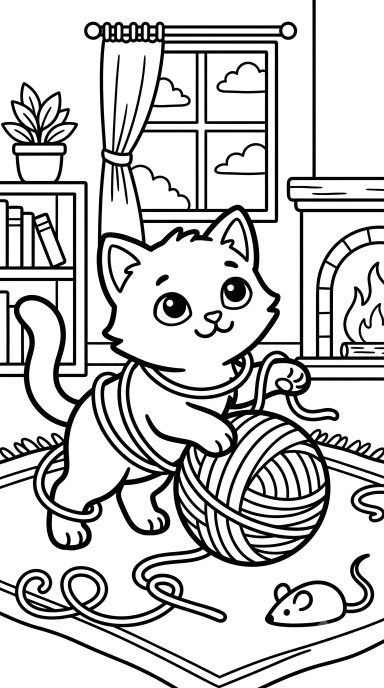 desenhos de cachorros e gatos para colorir: Gato com Novelo
