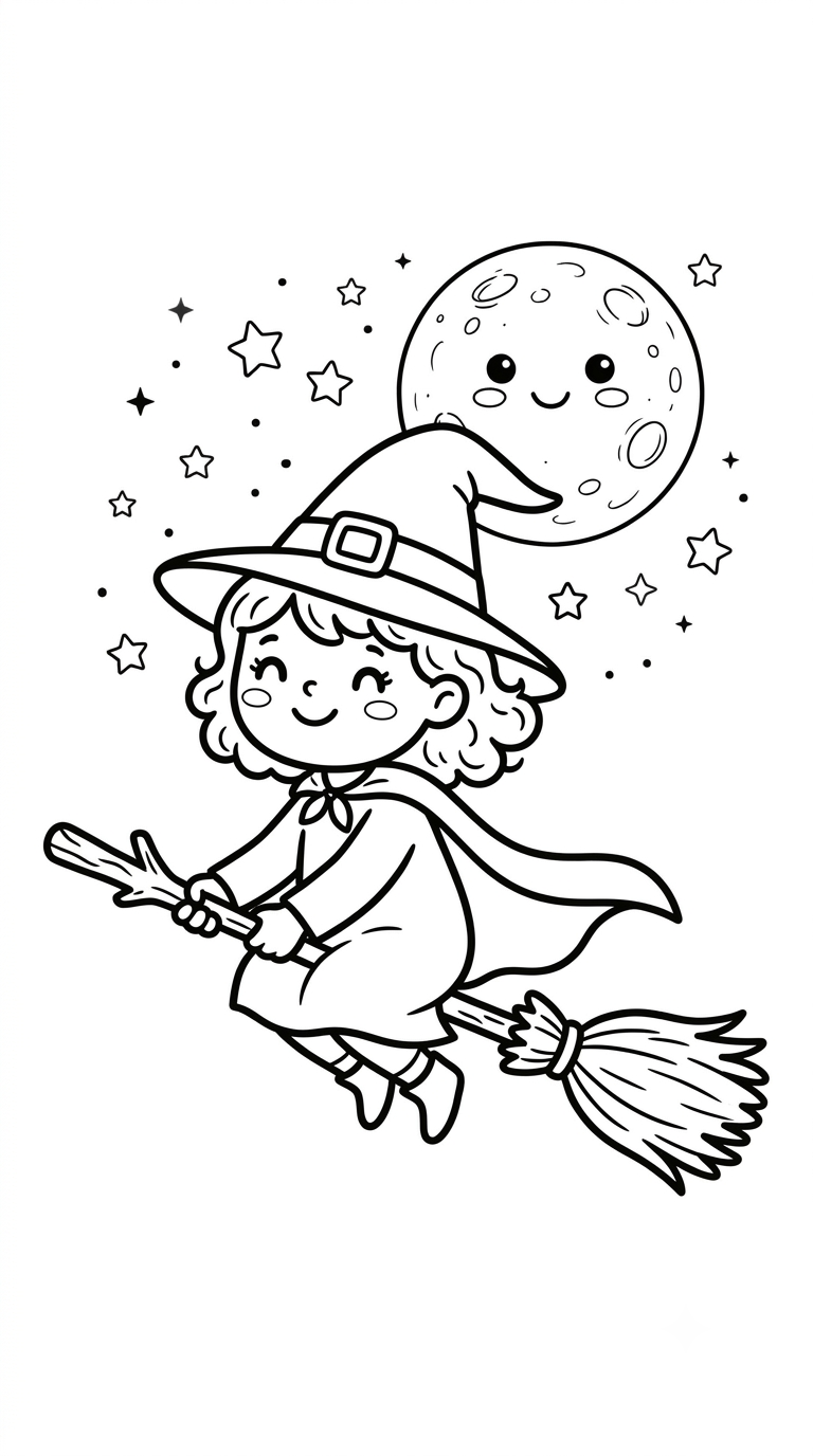 desenhos de Halloween para colorir: Bruxinha na Vassoura