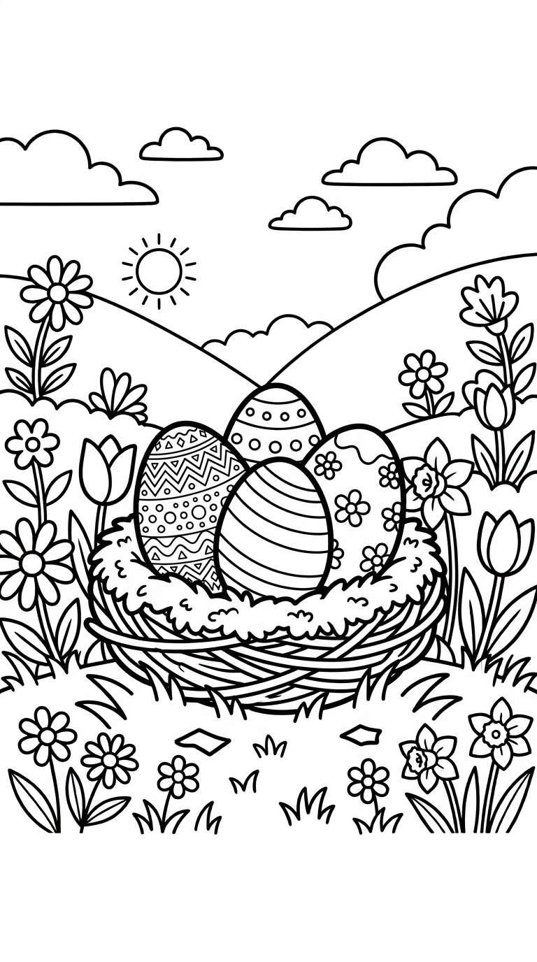 desenhos de Páscoa para colorir: Ovos no Ninho