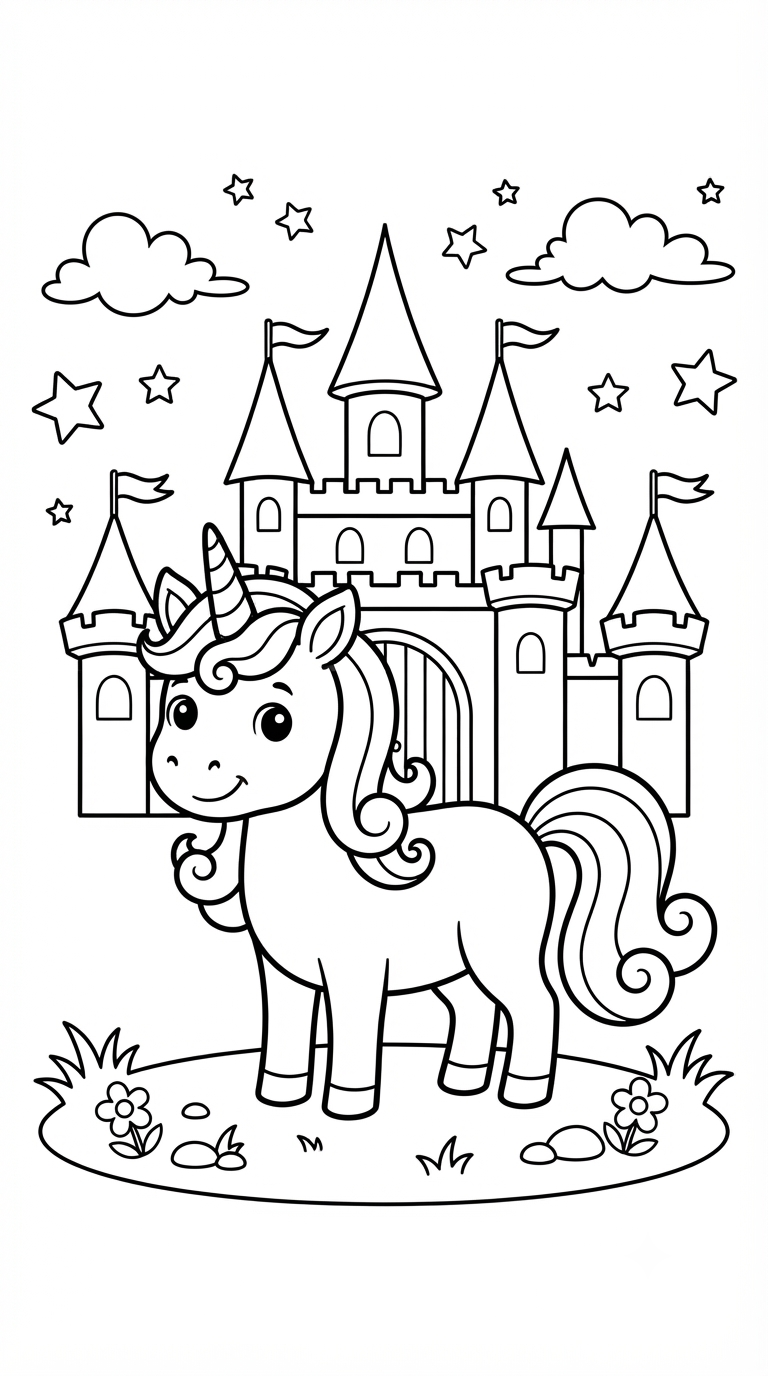 desenhos de unicórnio para colorir: Unicórnio e Castelo